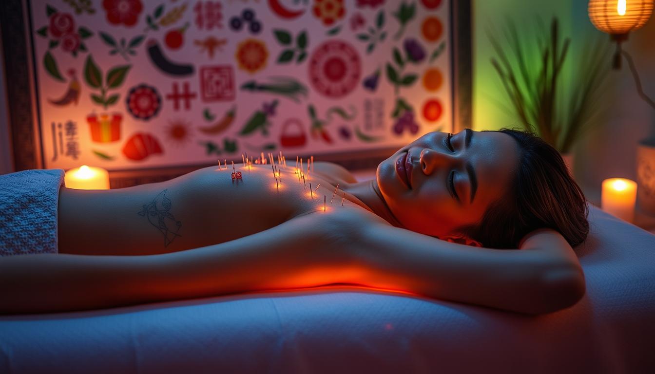 A person resting on a massage table, their body enveloped in a soft, warm glow. Acupuncture needles strategically placed along the meridians, gently piercing the skin, eliciting a sense of relief and well-being. The room is dimly lit, with soothing ambient lighting casting a vibrant, calming atmosphere. The subject's expression is one of serenity, their features relaxed and free from tension. In the background, a tapestry of traditional Chinese medicinal herbs and symbols creates a harmonious, holistic setting.