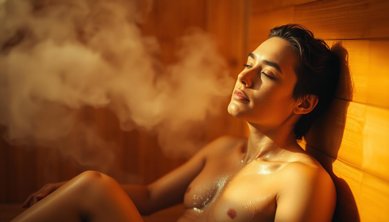 A person sitting in a sauna, their skin glistening with sweat, as steam rises around them. The warm, soothing atmosphere envelops the scene, radiating a sense of relaxation and rejuvenation. The lighting is soft and natural, casting a vibrant, golden glow that accentuates the detoxification process taking place. The subject's expression is one of tranquility, as they embrace the therapeutic benefits of this ancient practice. The background is blurred, allowing the focus to remain on the individual's experience of cleansing and purification through the power of the sauna.
