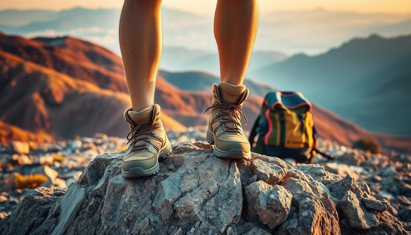 A person standing on a rocky outcrop, evaluating their fitness level before a camping trip. The foreground shows their feet, wearing sturdy hiking boots, against a vibrant, rugged landscape. The middle ground features a backpack and camping gear, suggesting the start of an outdoor adventure. The background depicts a distant mountain range, hazy in the warm, golden light of the setting sun. The overall scene conveys a sense of determination, self-assessment, and the anticipation of an invigorating outdoor experience.