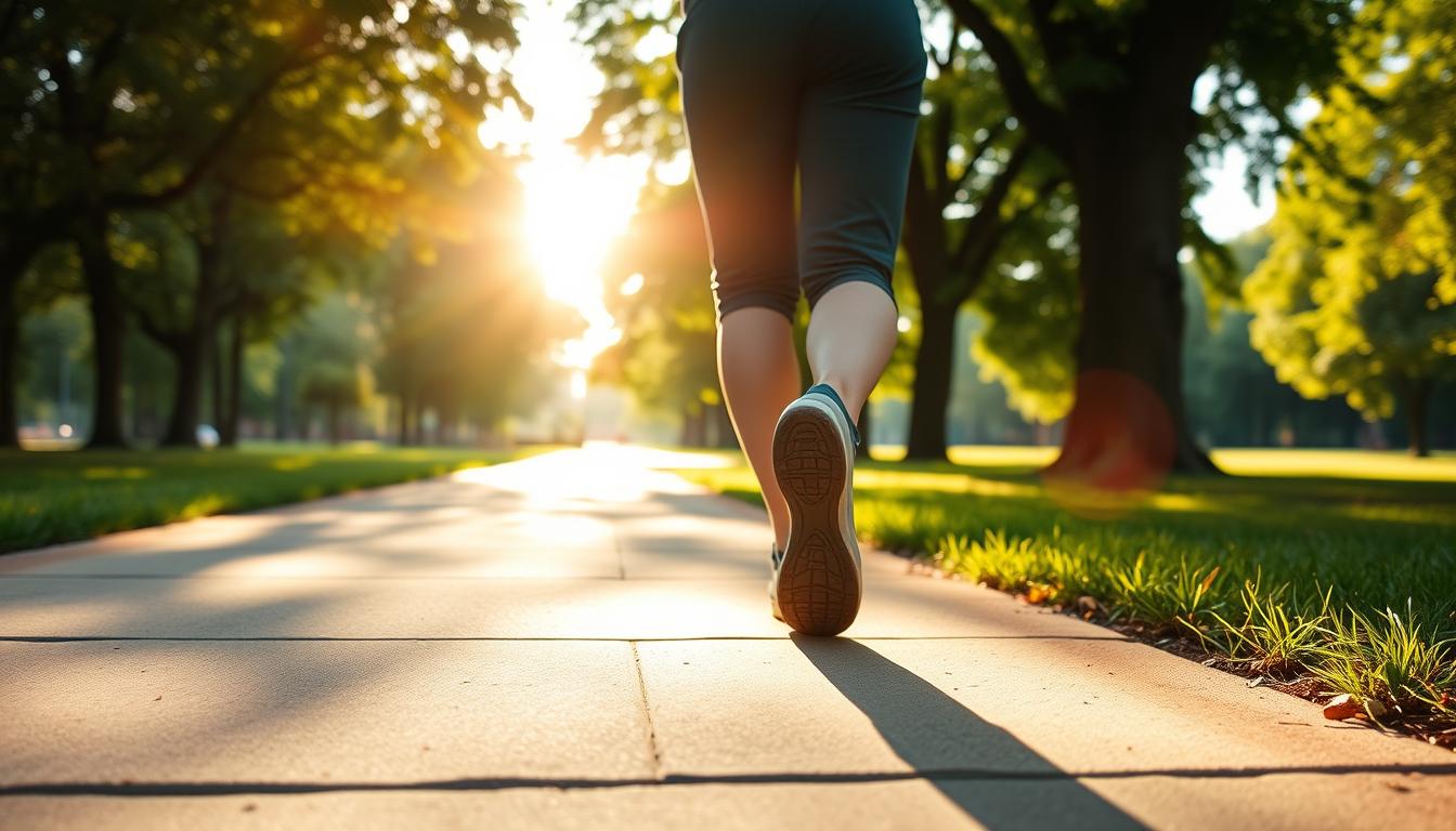 A person walking briskly down a sun-dappled sidewalk, arms swinging in a vibrant, healthy stride. The foreground features their feet in comfortable walking shoes, stepping with purpose. In the middle ground, their silhouette is backlit by a warm, golden light, conveying a sense of energy and vitality. The background showcases a lush, green park, trees gently swaying in a light breeze, creating a serene and inviting atmosphere that encourages the viewer to join in the rejuvenating walk.
