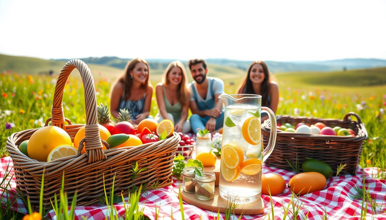 A picnic scene in a lush meadow, vibrant with the colors of nature. In the foreground, a wicker basket overflows with a variety of fresh fruits, vegetables, and healthy snacks. Nearby, a glass pitcher filled with clear, sparkling water and slices of citrus sits atop a gingham blanket. The middle ground features a group of friends laughing and engaged in lively conversation, their faces aglow with the warm, golden light of the sun. In the background, rolling hills and a cloudless sky create a serene, peaceful atmosphere, inviting the viewer to join in the refreshing and nourishing experience. A picnic scene in a lush meadow, vibrant with the colors of nature. In the foreground, a wicker basket overflows with a variety of fresh fruits, vegetables, and healthy snacks. Nearby, a glass pitcher filled with clear, sparkling water and slices of citrus sits atop a gingham blanket. The middle ground features a group of friends laughing and engaged in lively conversation, their faces aglow with the warm, golden light of the sun. In the background, rolling hills and a cloudless sky create a serene, peaceful atmosphere, inviting the viewer to join in the refreshing and nourishing experience.