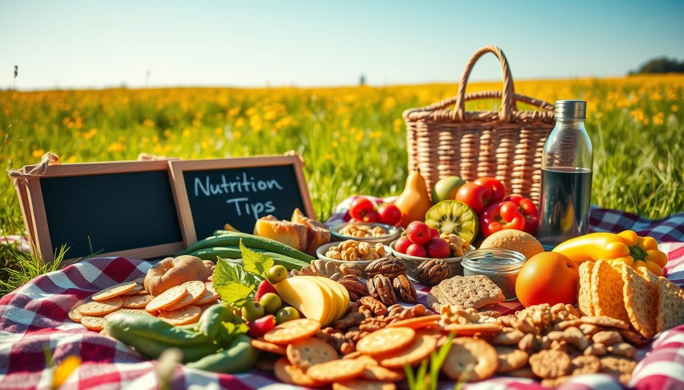 A picnic scene with a spread of healthy snacks and nutrition tips. In the foreground, an array of fresh fruits, vegetables, nuts, and whole-grain crackers arranged on a checkered picnic blanket. In the middle ground, a wicker basket, a reusable water bottle, and a small chalkboard with handwritten "Nutrition Tips" displayed. The background features a lush, vibrant meadow with a clear blue sky, creating a warm, inviting atmosphere. Soft, natural lighting casts a gentle glow over the scene, highlighting the vibrant colors and textures of the healthy picnic spread. The overall mood is one of a serene, nourishing outdoor gathering, encouraging smart snacking strategies for a picnic with a purpose. A picnic scene with a spread of healthy snacks and nutrition tips. In the foreground, an array of fresh fruits, vegetables, nuts, and whole-grain crackers arranged on a checkered picnic blanket. In the middle ground, a wicker basket, a reusable water bottle, and a small chalkboard with handwritten "Nutrition Tips" displayed. The background features a lush, vibrant meadow with a clear blue sky, creating a warm, inviting atmosphere. Soft, natural lighting casts a gentle glow over the scene, highlighting the vibrant colors and textures of the healthy picnic spread. The overall mood is one of a serene, nourishing outdoor gathering, encouraging smart snacking strategies for a picnic with a purpose.