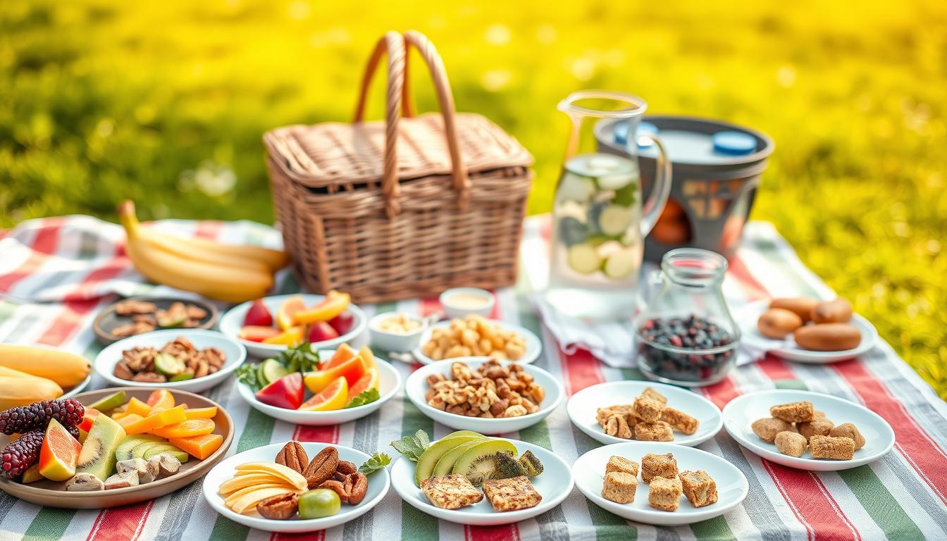 A picnic table set with an assortment of portioned-out snacks and small plates, arranged in a visually appealing manner. In the foreground, colorful fruits, vegetables, nuts, and small bites are neatly organized, demonstrating portion control techniques. The middle ground features a wicker basket, a striped picnic blanket, and a glass pitcher of infused water, creating a vibrant, relaxed outdoor setting. The background is blurred, hinting at a lush green lawn and a clear, vibrant sky, evoking a sense of natural harmony. Warm, natural lighting casts a soft glow over the scene, highlighting the textures and colors of the healthy, portioned foods. A picnic table set with an assortment of portioned-out snacks and small plates, arranged in a visually appealing manner. In the foreground, colorful fruits, vegetables, nuts, and small bites are neatly organized, demonstrating portion control techniques. The middle ground features a wicker basket, a striped picnic blanket, and a glass pitcher of infused water, creating a vibrant, relaxed outdoor setting. The background is blurred, hinting at a lush green lawn and a clear, vibrant sky, evoking a sense of natural harmony. Warm, natural lighting casts a soft glow over the scene, highlighting the textures and colors of the healthy, portioned foods.