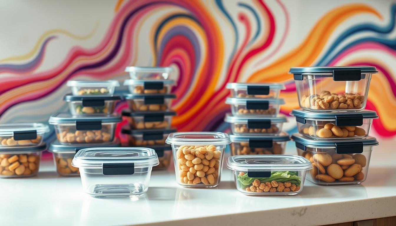 A pristine kitchen counter with a well-organized array of meal prep containers, lids, and storage solutions. The containers are made of sleek, transparent materials that allow the contents to be easily visible. Vibrant, swirling colors in the background create a dynamic, energetic atmosphere, hinting at the possibilities of customized, low-carb meals. The lighting is soft and diffused, casting a warm glow over the scene, emphasizing the convenience and efficiency of the storage solutions. The camera angle is slightly elevated, giving a comprehensive view of the setup, showcasing the various sizes and shapes of the containers, as well as their strategic placement for maximum organization and accessibility.