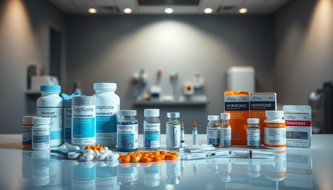 A professional medical display showcasing various hormone replacement therapy options, from pills and patches to injections and transdermal gels. The foreground features a selection of these products arranged on a clean, reflective surface, bathed in vibrant, directional lighting that accentuates their textures and packaging. The middle ground depicts a minimalist, modern medical setting, with a neutral color palette and subtle medical equipment in the background, conveying a sense of clinical authority. The overall atmosphere is one of informative professionalism, inviting the viewer to explore these viable solutions for hormonal balance and wellness.