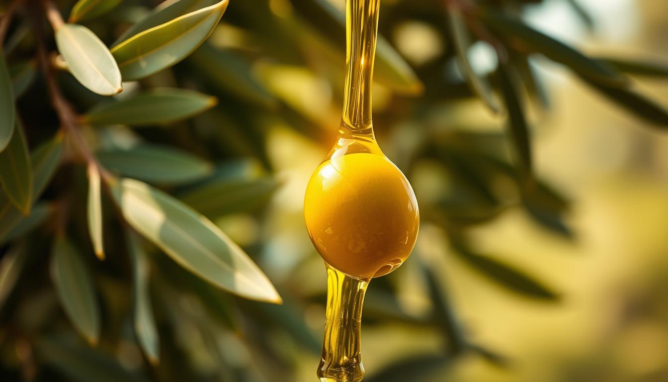 A radiant golden liquid cascades elegantly against a backdrop of lush green olive branches, their leaves gently swaying in the soft morning light. In the foreground, a single olive shines, its surface reflecting the warm hues of the oil. The composition exudes a sense of purity and vitality, capturing the essence of extra virgin olive oil's natural goodness and vibrant health benefits. Crisp, clean lighting illuminates the scene, heightening the visceral appeal of this liquid treasure. A serene, contemplative mood pervades, inviting the viewer to savor the restorative power of this versatile culinary staple.