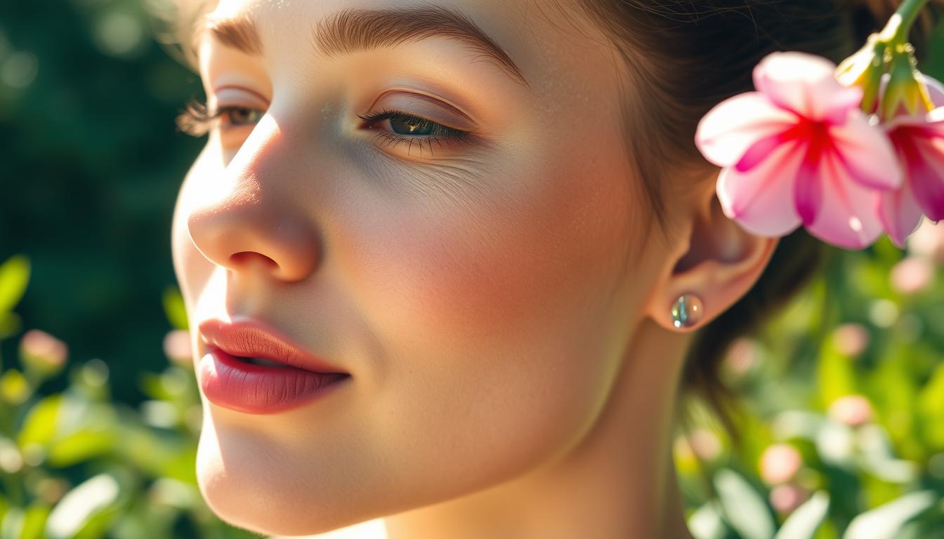 A radiant, youthful complexion glows under the warm light of a sunlit garden. Smooth, hydrated skin reflects the gleam of crystalline water droplets, each a prism of rejuvenating hydrogen. Delicate flower petals sway in a gentle breeze, their vibrant hues complementing the supple, vibrant skin. Lush greenery frames the scene, creating a serene, tranquil atmosphere that evokes a sense of natural vitality and wellness. A high-resolution, wide-angle lens captures the scene, showcasing the skin's vibrant, healthy appearance.