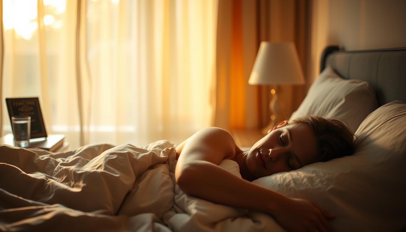A restful, dimly lit bedroom scene. In the foreground, a person sleeping soundly, their expression peaceful, with soft bedding and pillows. In the middle ground, a nightstand with a glass of water and a book, suggesting the person's routine before sleep. In the background, a window with flowing curtains, casting a warm, golden glow across the room, creating a cozy, relaxing atmosphere. The lighting is soft and muted, conveying a sense of tranquility and the connection between sleep and hunger. Vibrant, naturalistic colors and textures throughout, with a focus on the human form and the environment that supports healthy rest. A restful, dimly lit bedroom scene. In the foreground, a person sleeping soundly, their expression peaceful, with soft bedding and pillows. In the middle ground, a nightstand with a glass of water and a book, suggesting the person's routine before sleep. In the background, a window with flowing curtains, casting a warm, golden glow across the room, creating a cozy, relaxing atmosphere. The lighting is soft and muted, conveying a sense of tranquility and the connection between sleep and hunger. Vibrant, naturalistic colors and textures throughout, with a focus on the human form and the environment that supports healthy rest.