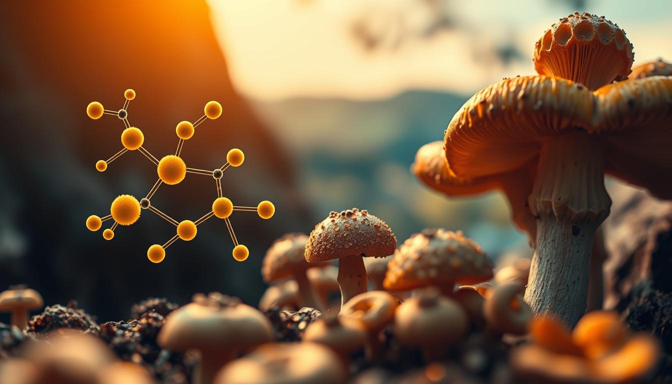 A richly detailed macro view of bioactive compounds found in medicinal mushrooms, with a vibrant, scientific atmosphere. In the foreground, intricate molecular structures of key medicinal compounds like psilocybin, ergosterol, and triterpenes are illuminated against a blurred background. The middle ground features clusters of mushroom fruiting bodies in earthy tones, their caps and stems revealing textural details. In the distant background, a soft, out-of-focus landscape evokes a natural, serene setting. Warm, directional lighting accentuates the three-dimensional forms, creating a sense of depth and visual interest. The overall composition aims to convey the complex, yet fascinating, world of mushroom-derived medicines.