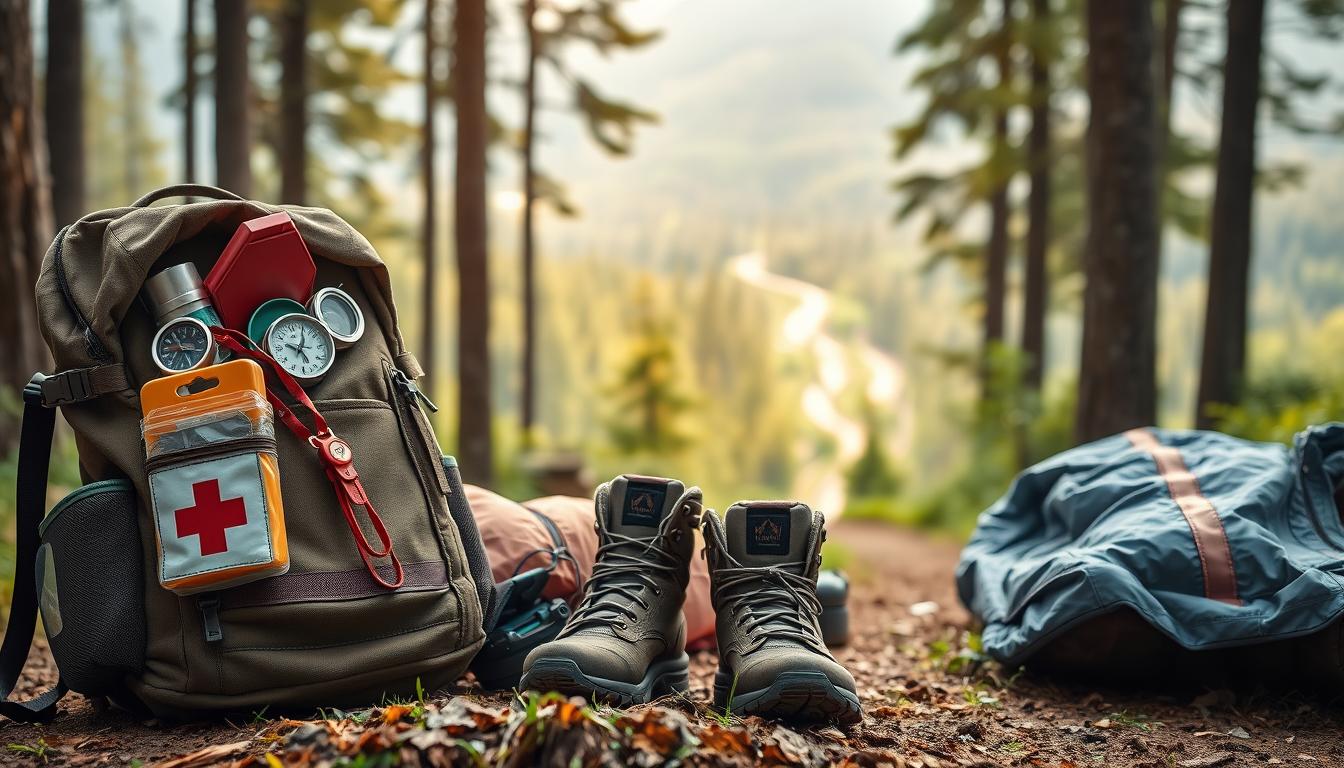 A rugged backpack sits in the foreground, filled with essential camping gear - a sturdy first-aid kit, a compass, a water filter, and a whistle. In the middle ground, a pair of well-worn hiking boots stand next to a sleeping bag, a lightweight rain jacket, and a headlamp. The background reveals a serene, vibrant forest landscape, with tall trees, lush greenery, and a winding trail leading into the distance. Soft, warm lighting bathes the scene, creating a sense of safety and preparedness for the outdoor adventure ahead.