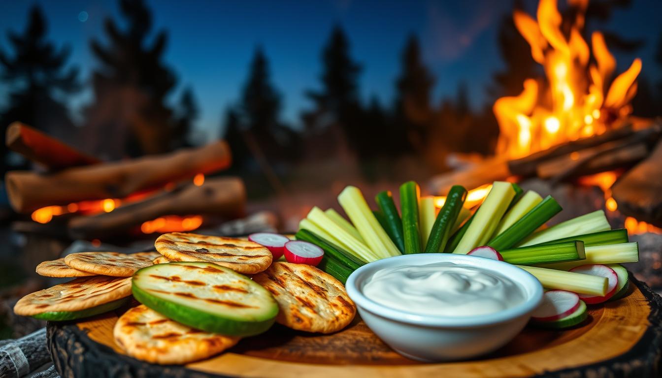 A rustic campfire scene, with a variety of low-carb snacks arranged on a wooden platter. In the foreground, keto-friendly crackers, sliced avocado, and grilled halloumi cheese sizzle over the open flames. In the middle ground, a selection of crunchy vegetable sticks - vibrant radishes, celery, and zucchini - surround a creamy dip. In the background, the silhouette of pine trees and a starry night sky create a serene, outdoor atmosphere. Warm, flickering firelight casts a cozy, inviting glow over the entire composition.