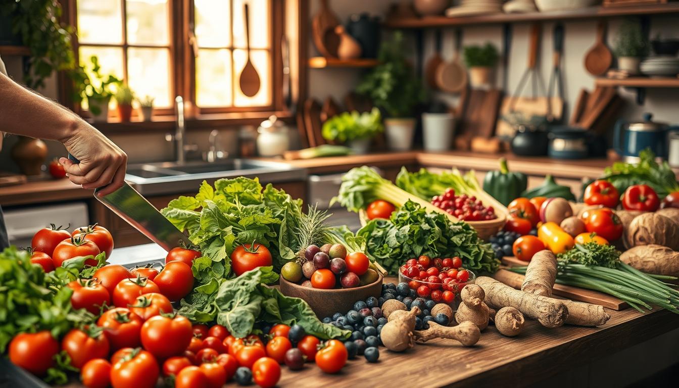 A rustic kitchen counter filled with a bountiful array of seasonal produce - vibrant tomatoes, crisp greens, plump berries, and earthy root vegetables. In the foreground, a chef's hands skillfully chop and prepare the fresh ingredients, the warm light from a large window casting a soft glow over the scene. The middle ground showcases an array of cooking tools and utensils, while the background features a cozy, inviting space with natural wood accents and a hint of greenery. The atmosphere is one of culinary inspiration, healthy living, and the celebration of nature's seasonal bounty. A rustic kitchen counter filled with a bountiful array of seasonal produce - vibrant tomatoes, crisp greens, plump berries, and earthy root vegetables. In the foreground, a chef's hands skillfully chop and prepare the fresh ingredients, the warm light from a large window casting a soft glow over the scene. The middle ground showcases an array of cooking tools and utensils, while the background features a cozy, inviting space with natural wood accents and a hint of greenery. The atmosphere is one of culinary inspiration, healthy living, and the celebration of nature's seasonal bounty.