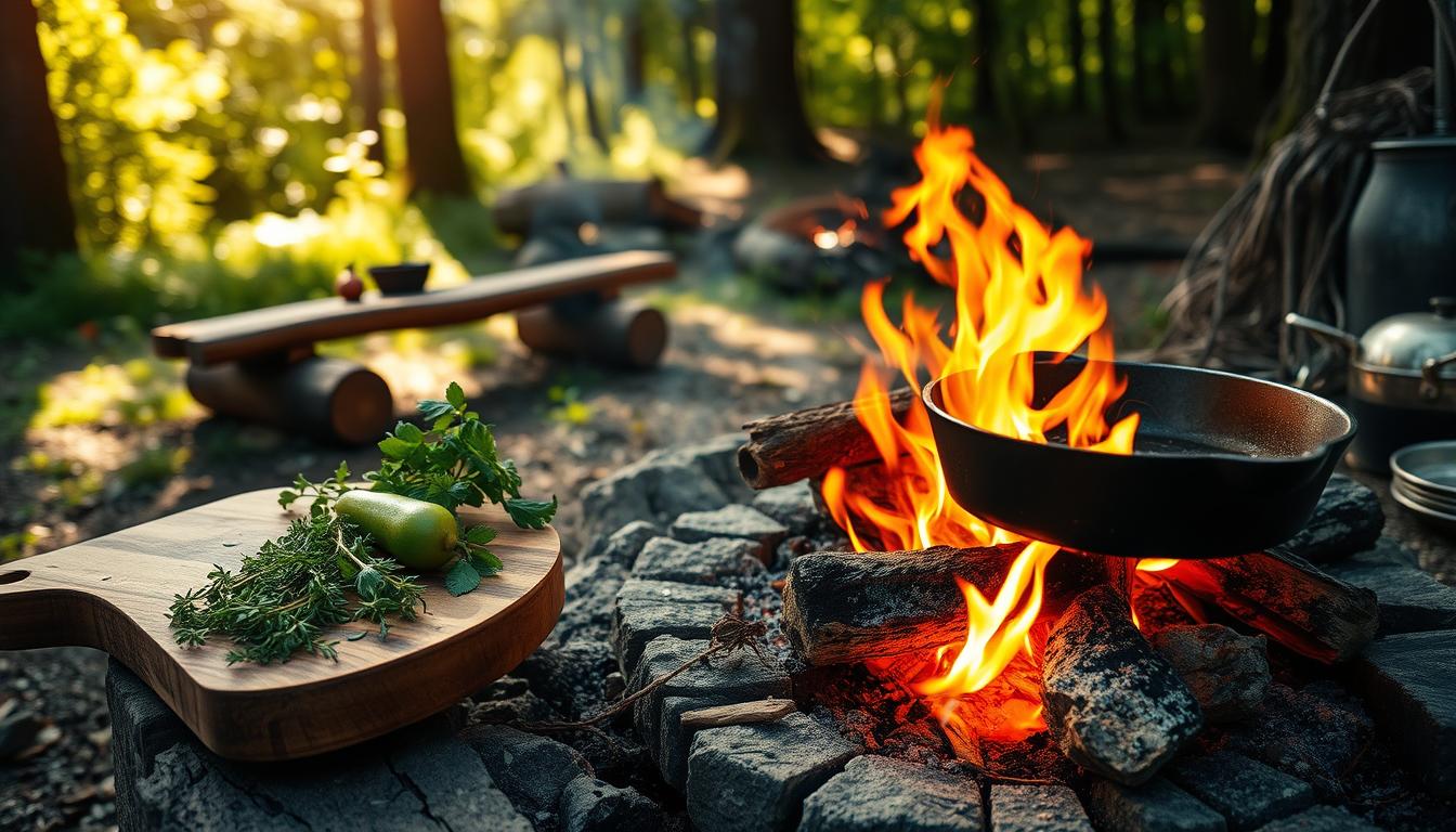 A rustic outdoor kitchen scene with a crackling campfire, cast-iron cookware, and natural foraged ingredients. A wooden chopping board holds freshly harvested herbs and vegetables, while a cast-iron skillet sizzles over the open flames. Dappled sunlight filters through the surrounding trees, casting warm, vibrant shadows. In the background, a log bench provides a place to sit and enjoy the fruits of one's labor. The atmosphere is inviting, peaceful, and celebrates the simple pleasures of cooking in nature.