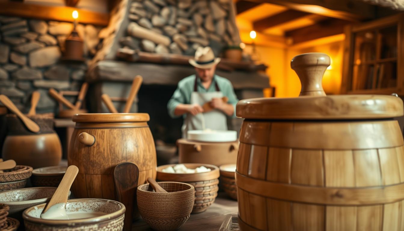 A rustic, traditional butter churning scene with a wooden butter churn in the foreground, surrounded by ceramic bowls, wooden paddles, and a woven basket. In the middle ground, a farmer in traditional attire churns the cream, their movements conveying the rhythmic motion of the task. The background features a cozy, well-lit interior with a stone fireplace, natural wood beams, and vibrant, warm-toned lighting that casts a soft, inviting glow. The overall atmosphere is one of nostalgia, craftsmanship, and the pastoral charm of a bygone era.
