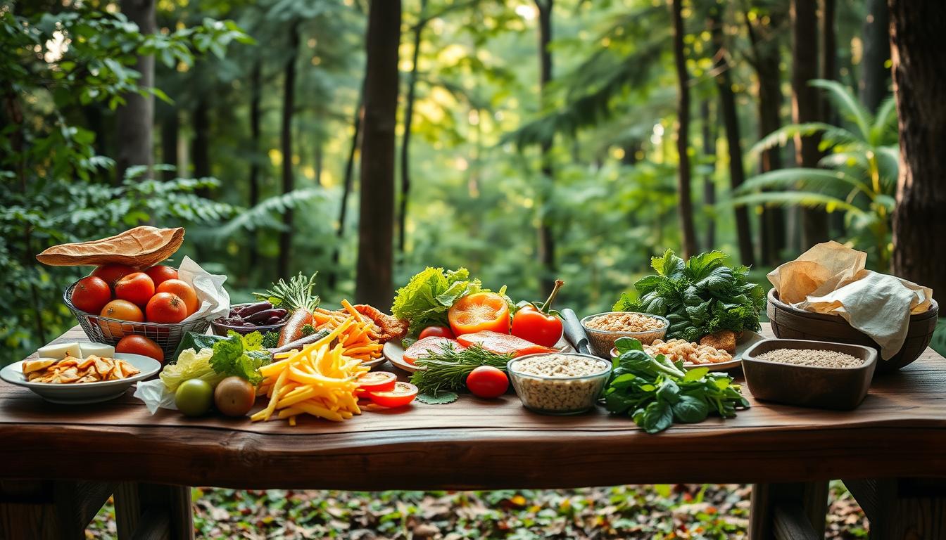 A rustic wooden table set against a backdrop of lush forest foliage, showcasing a balanced camping meal plan for weight loss. On the table, an array of healthy, vibrant ingredients - fresh vegetables, lean proteins, and whole grains. Soft, natural lighting illuminates the scene, creating a warm, inviting atmosphere. The composition emphasizes the harmony between the outdoor setting and the nourishing meal, conveying the idea of a wholesome, sustainable approach to weight management during a camping trip.