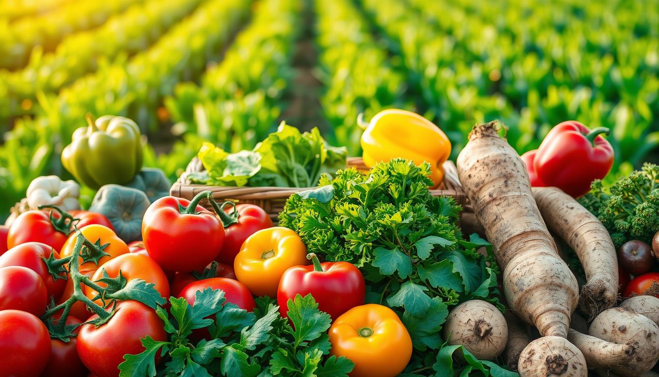 A seasonal produce guide, showcasing an array of fresh, ripe fruits and vegetables against a vibrant, natural backdrop. In the foreground, an assortment of seasonal produce - juicy tomatoes, crisp leafy greens, vibrant bell peppers, and earthy root vegetables - are arranged in a visually appealing manner, capturing the essence of local, seasonal bounty. The middle ground features a rustic, wooden crate or basket, hinting at the process of harvesting and gathering these seasonal delights. In the background, a lush, verdant field or garden scene sets the stage, evoking a sense of connection to the land and the cycles of nature. Warm, golden lighting casts a soft glow, enhancing the vibrant colors and natural textures of the seasonal produce. The overall atmosphere is one of abundance, freshness, and the joyful celebration of nature's seasonal gifts. A seasonal produce guide, showcasing an array of fresh, ripe fruits and vegetables against a vibrant, natural backdrop. In the foreground, an assortment of seasonal produce - juicy tomatoes, crisp leafy greens, vibrant bell peppers, and earthy root vegetables - are arranged in a visually appealing manner, capturing the essence of local, seasonal bounty. The middle ground features a rustic, wooden crate or basket, hinting at the process of harvesting and gathering these seasonal delights. In the background, a lush, verdant field or garden scene sets the stage, evoking a sense of connection to the land and the cycles of nature. Warm, golden lighting casts a soft glow, enhancing the vibrant colors and natural textures of the seasonal produce. The overall atmosphere is one of abundance, freshness, and the joyful celebration of nature's seasonal gifts.