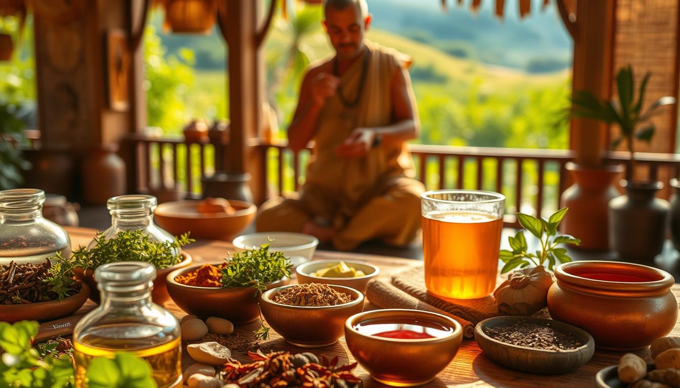 A serene Ayurvedic sanctuary bathed in warm, golden light. In the foreground, an array of natural, organic ingredients - fragrant herbs, soothing oils, and healing spices. In the middle ground, a traditional Ayurvedic practitioner gently prepares a nourishing elixir, their hands moving with practiced precision. The background reveals a lush, verdant landscape, hinting at the vibrant, restorative powers of nature. The overall atmosphere is one of tranquility, balance, and the ancient wisdom of Ayurvedic wellness.