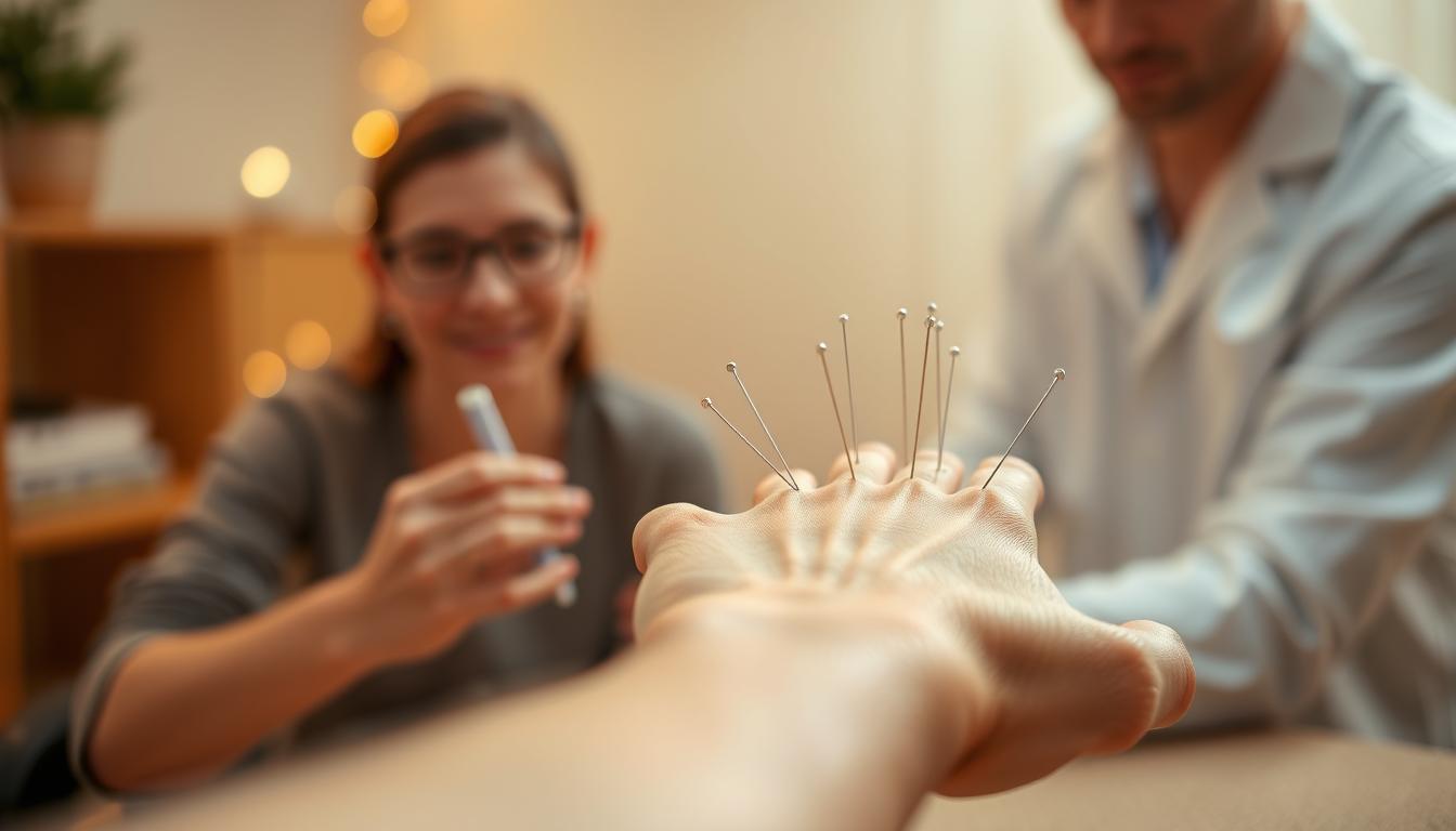 A serene acupuncture session for chronic pain relief. In the foreground, a person's hand rests calmly as fine needles are carefully inserted along the meridians of the wrist and palm. The middle ground reveals a practitioner's focused expression, guiding the treatment with precision. The background bathes in a vibrant, warm glow, creating a sense of tranquility and balance. Soft lighting casts a gentle, soothing atmosphere, inviting the viewer to experience the restorative power of this ancient healing art.