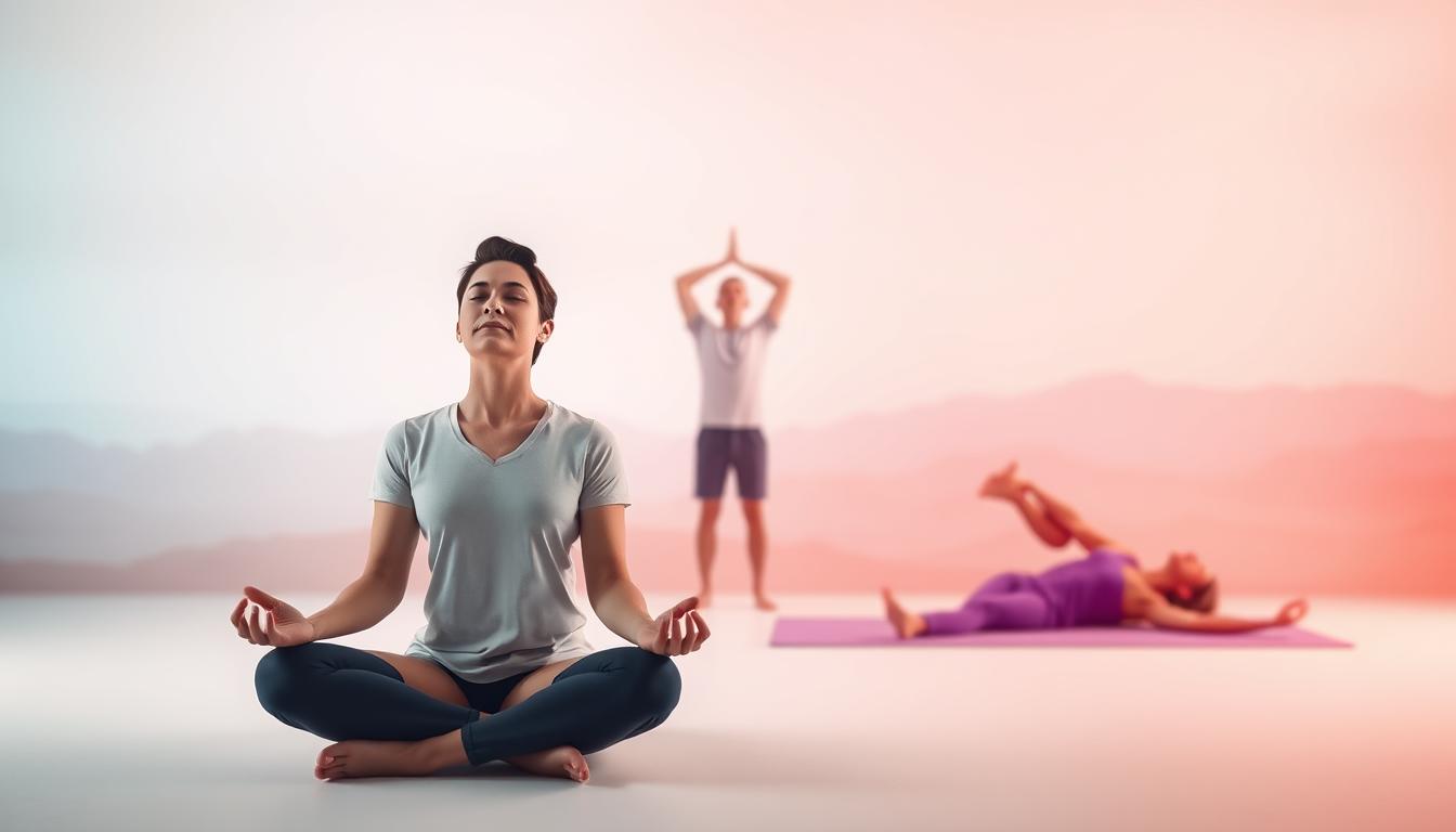 A serene and minimalistic scene depicting various breathwork techniques. In the foreground, a person sits in a cross-legged position, their eyes closed and hands resting gently on their lap, showcasing a deep, meditative breathing exercise. The middle ground features a second person standing, inhaling deeply with arms raised overhead, while a third person lies on the floor, exhaling slowly with legs extended. The background is a vibrant, abstract landscape, with soft, muted colors and gentle lighting, creating a calming and introspective atmosphere. The overall composition conveys the harmony and focus of these popular breathwork practices.