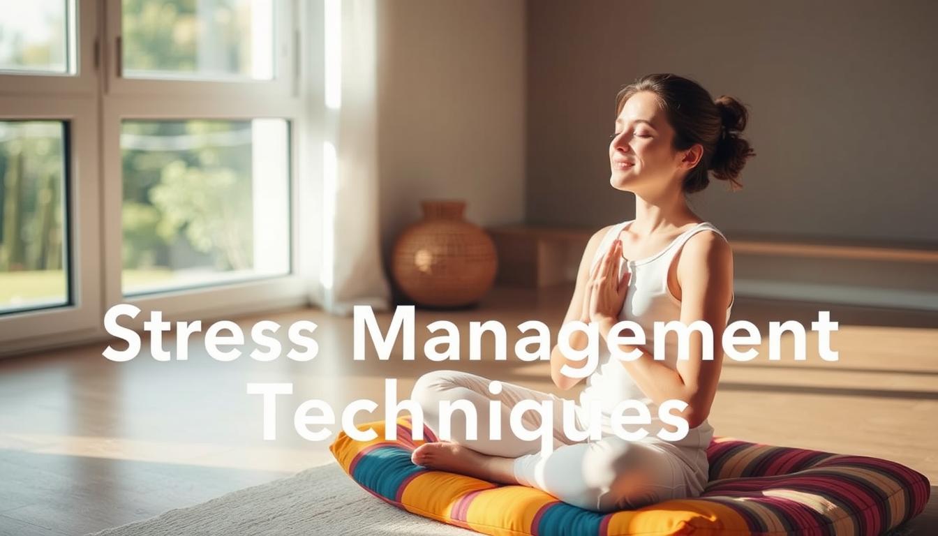 A serene and relaxing scene of a person practicing deep breathing techniques for stress management. The subject sits cross-legged on a vibrant, colorful meditation cushion, their eyes closed in a peaceful expression. Soft, natural lighting filters through a window, casting a warm glow on the scene. In the background, a minimalist, zen-inspired interior with clean lines and neutral tones creates a calming atmosphere. The overall composition evokes a sense of tranquility and mindfulness, perfectly illustrating the "Stress Management Techniques" section of the article. A serene and relaxing scene of a person practicing deep breathing techniques for stress management. The subject sits cross-legged on a vibrant, colorful meditation cushion, their eyes closed in a peaceful expression. Soft, natural lighting filters through a window, casting a warm glow on the scene. In the background, a minimalist, zen-inspired interior with clean lines and neutral tones creates a calming atmosphere. The overall composition evokes a sense of tranquility and mindfulness, perfectly illustrating the "Stress Management Techniques" section of the article.