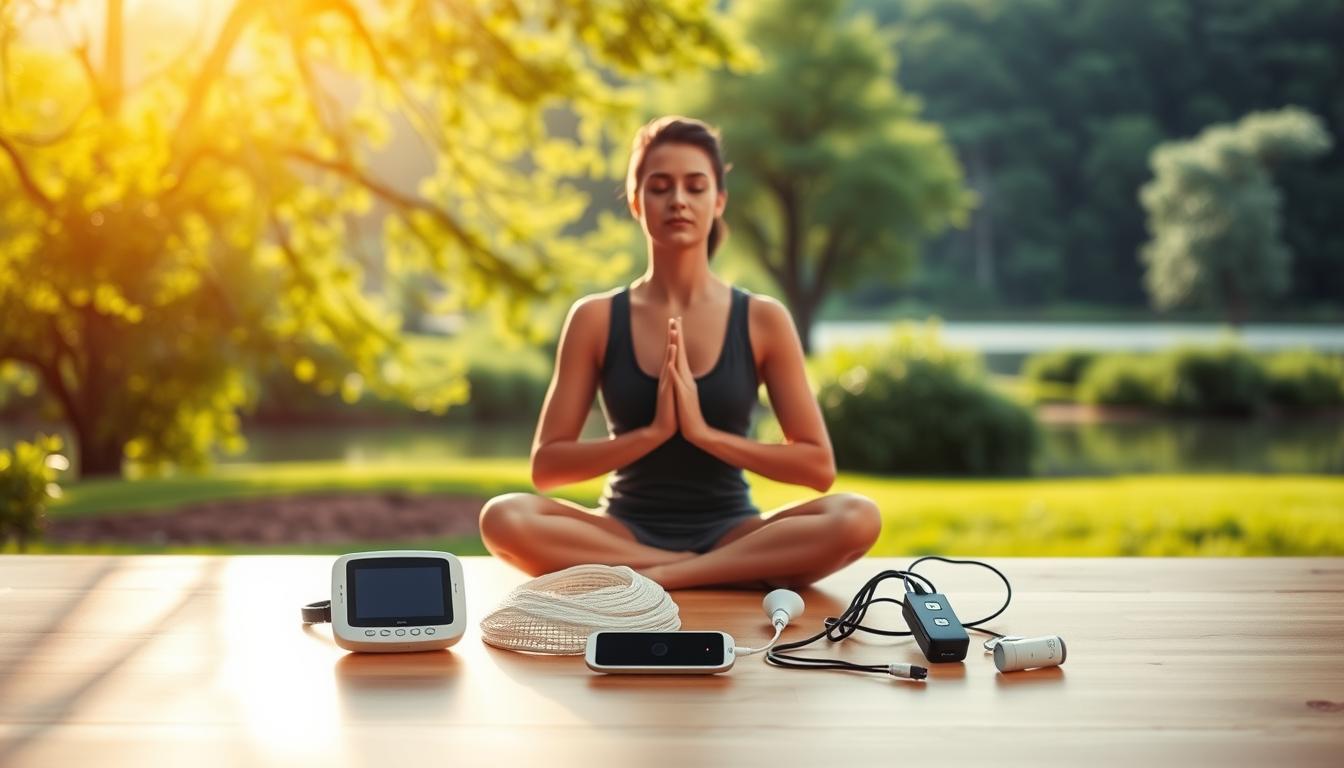 A serene and tranquil scene showcasing the benefits of biofeedback for stress management. In the foreground, a person sits in a comfortable yoga pose, eyes closed, hands placed gently on their lap. Surrounding them, a lush green landscape with swaying trees and a calming body of water. Soft, warm lighting bathes the scene, creating a vibrant and relaxing atmosphere. In the middle ground, various biofeedback devices, such as heart rate monitors and electrodes, are positioned near the person, illustrating the technology's role in promoting mindfulness and stress reduction. The overall composition conveys a sense of balance, harmony, and the transformative power of biofeedback in managing stress and anxiety.