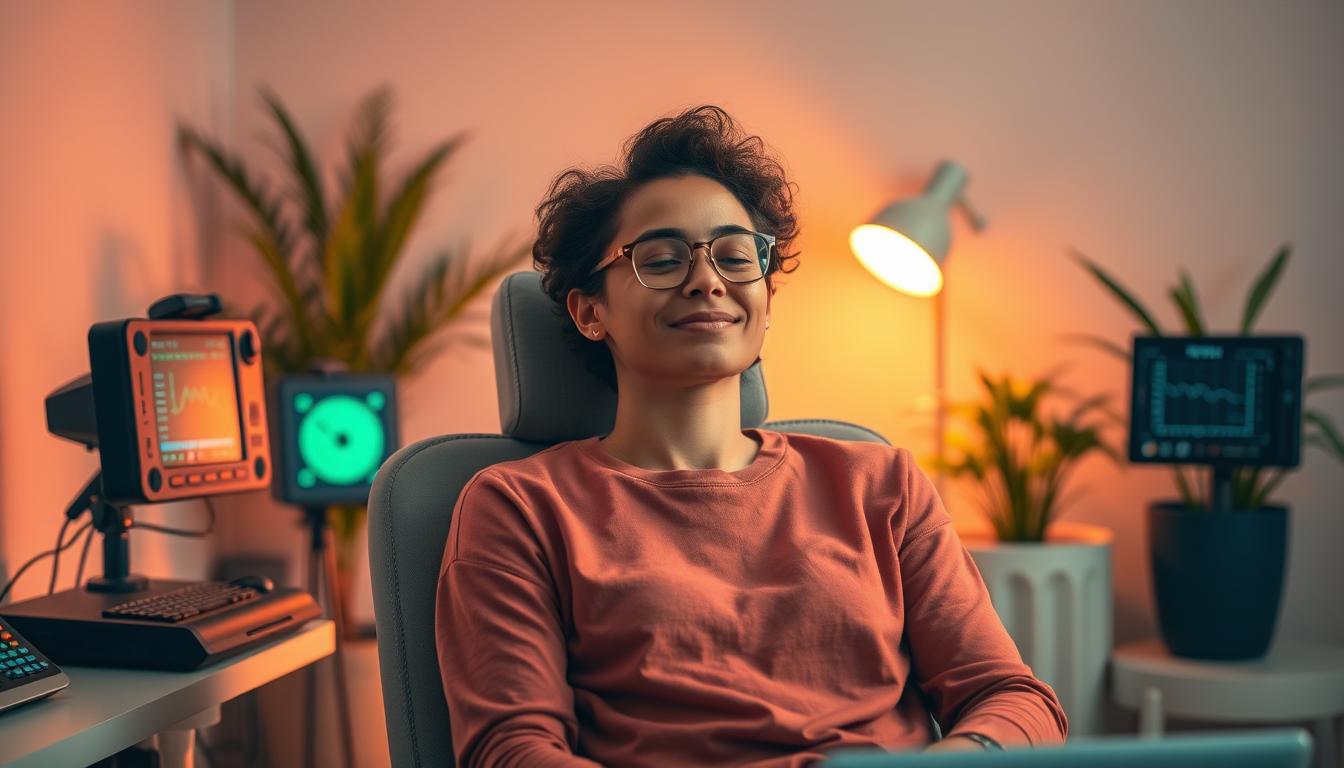 A serene and well-lit workspace with a person sitting comfortably in a chair, surrounded by various biofeedback monitoring devices. The individual's face is relaxed, showcasing a peaceful expression as they engage with the biofeedback interface. The room is bathed in a vibrant, warm lighting, creating a calming atmosphere. The background features soft, muted tones and natural elements, such as potted plants, to enhance the sense of tranquility. The overall scene conveys the effectiveness of biofeedback in reducing stress and promoting a state of relaxation.