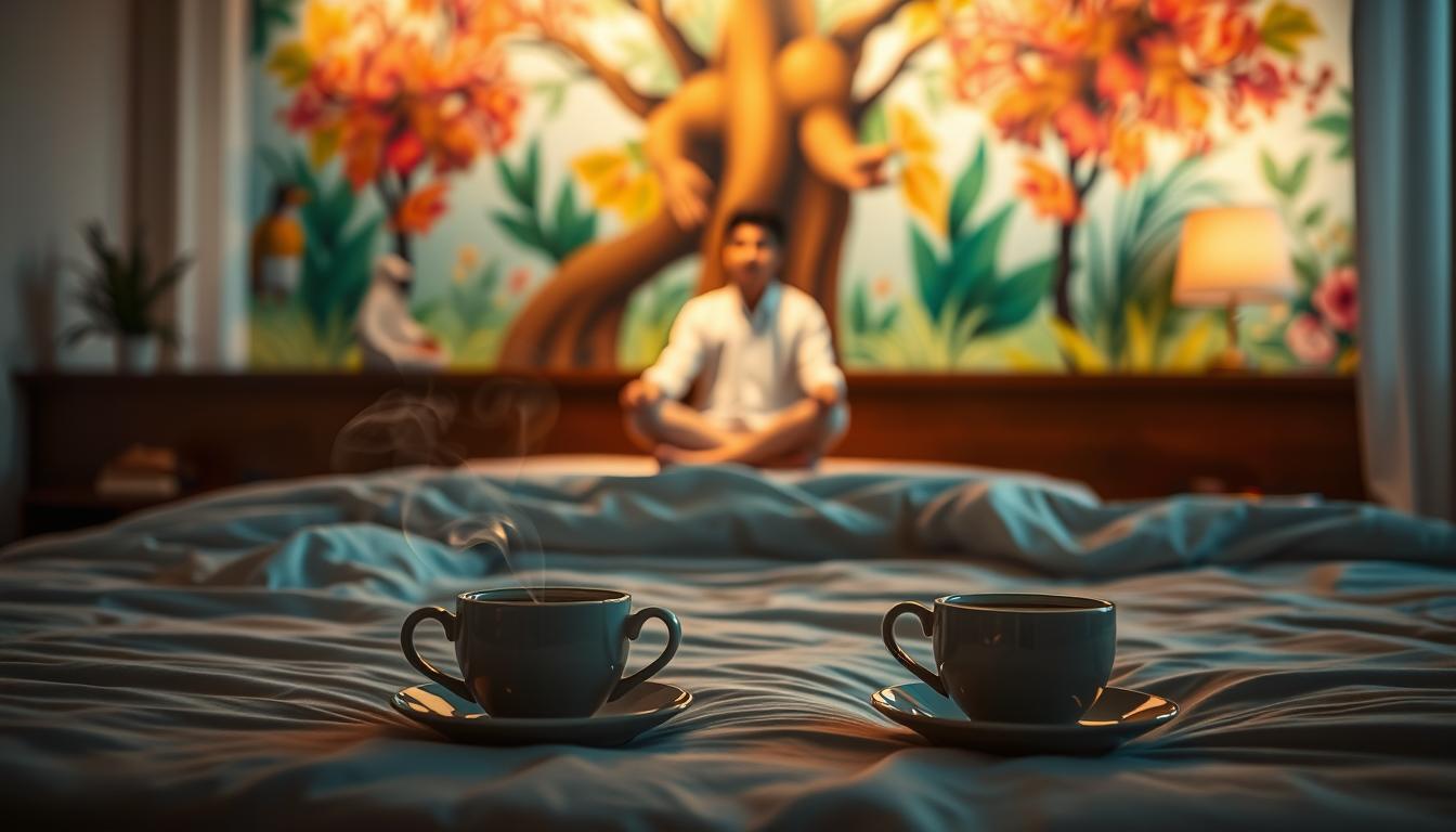 A serene bedchamber bathed in soft, warm lighting. In the foreground, a luxurious bed with plush, inviting linens beckons for a restful slumber. Wisps of steam curl from a soothing cup of herbal tea on the nightstand, hinting at the importance of relaxation. In the middle ground, a contemplative figure sits cross-legged, eyes closed, deeply immersed in a state of mindful awareness. The background features a vibrant, nature-inspired mural, symbolizing the connection between sleep, craving management, and the rejuvenating power of the natural world.