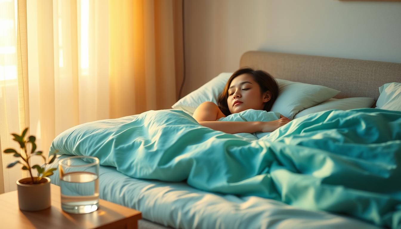 A serene bedroom bathed in warm, golden light filtering through gossamer curtains. A plush, cloud-like mattress supports a person sleeping peacefully, their face relaxed and expression tranquil. Soft, vibrant bedding in soothing hues of blue and green enfolds the sleeper, promoting a sense of comfort and restoration. In the foreground, a nightstand with a glass of water and a small potted plant, symbolizing the importance of hydration and nature's calming influence. The background features a minimalist, Scandinavian-inspired decor, emphasizing the importance of a clutter-free, serene environment for quality sleep and immune system rejuvenation.