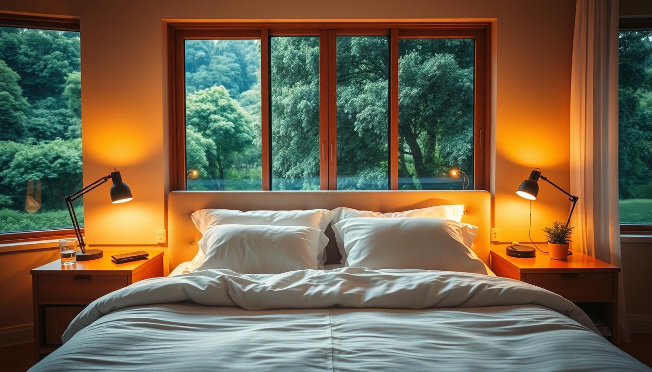 A serene bedroom bathed in warm, vibrant lighting. A large, comfortable bed takes center stage, adorned with plush bedding and pillows. Nightstands on either side hold reading lamps, a glass of water, and a small potted plant, evoking a sense of tranquility. In the background, a large window overlooking a lush, verdant landscape, allowing natural light to filter in and promote a restful ambiance. The overall atmosphere is one of calm, inviting the viewer to relax and unwind, optimizing their sleep quality for cognitive and physical recovery.