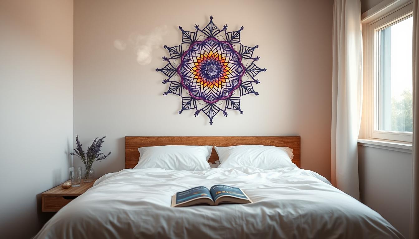 A serene bedroom illuminated by soft, warm lighting. On the nightstand, a glass of water and a book on sleep optimization. Above the bed, a dreamcatcher-inspired mandala of vibrant swirling colors, symbolizing the power of restful sleep to control late-night cravings. Wispy clouds of lavender and chamomile drift across the scene, creating a calming, tranquil atmosphere. The room is uncluttered, with clean lines and natural textures, promoting a sense of tranquility and balance. An open window allows a gentle breeze to flow through, carrying the scent of fresh air and the promise of a rejuvenating night's sleep.