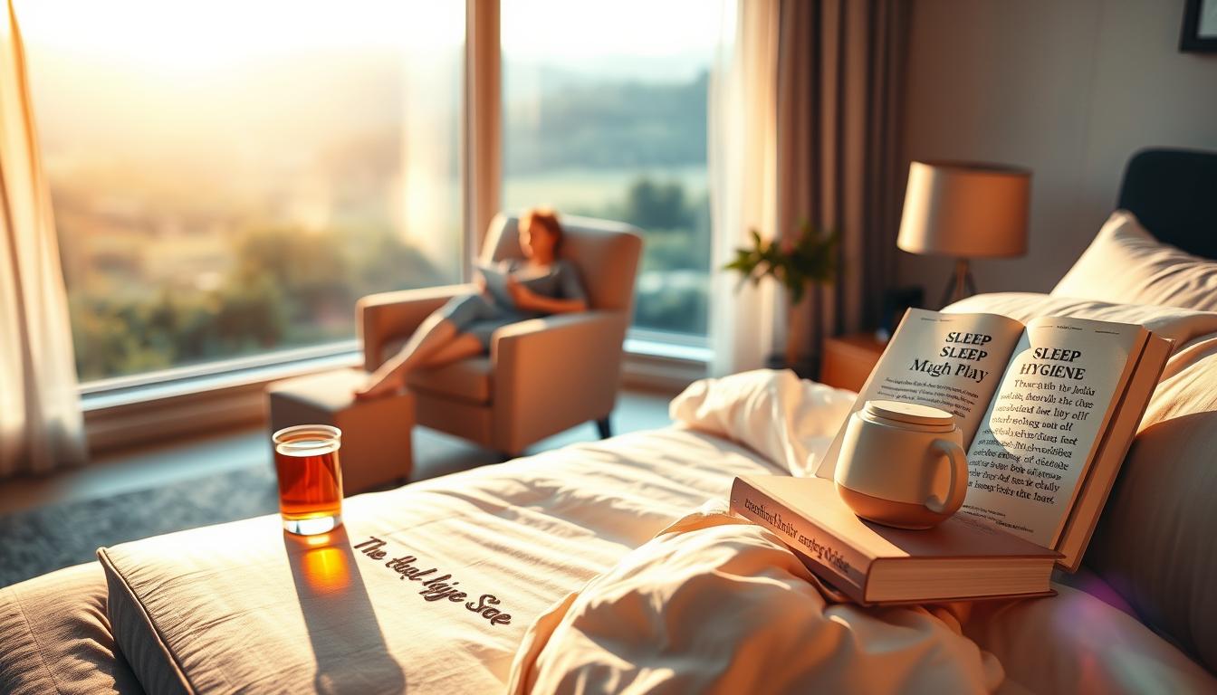 A serene bedroom scene, bathed in warm, vibrant lighting. In the foreground, a nightstand holds a cup of herbal tea, a sleep-inducing essential oil diffuser, and a book on sleep hygiene. On the bed, soft, plush bedding invites a restful slumber. The middle ground features a cozy armchair, where a person is reading a book, engrossed in the content. In the background, a large window offers a picturesque view of a lush, calming landscape, hinting at the restorative power of nature. The overall mood is one of tranquility and intentionality, inspiring healthy habits for optimal sleep and cravings management.