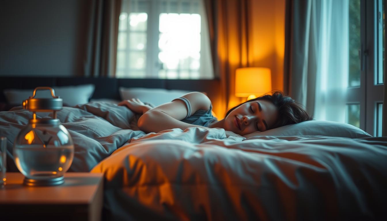 A serene bedroom scene, dimly lit with warm, ambient lighting. In the foreground, a person lies peacefully asleep, their face relaxed and content. The bedding is soft and inviting, with a plush, vibrant comforter in muted tones. In the middle ground, a nightstand holds a glass of water and a simple, modern alarm clock. The background features a large window, allowing natural light to filter in, creating a sense of tranquility and balance. The overall atmosphere conveys the importance of quality sleep for maintaining healthy blood sugar levels.