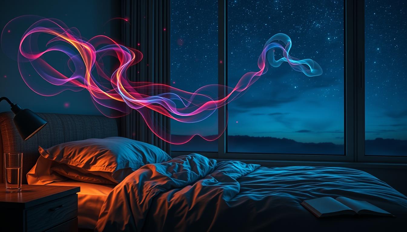 A serene bedroom scene, dimly lit with warm, muted tones. A comfortable bed takes center stage, sheets and pillows in soothing hues of blue and gray. Wisps of vibrant swirling colors drift through the air, representing the metabolic processes at work during sleep. On the nightstand, a glass of water and a book rest, hinting at the importance of rest and recovery. In the background, a large window offers a view of a peaceful night sky, further emphasizing the tranquility of the scene. The lighting is soft and diffused, creating a calming atmosphere that invites the viewer to reflect on the restorative power of sleep.