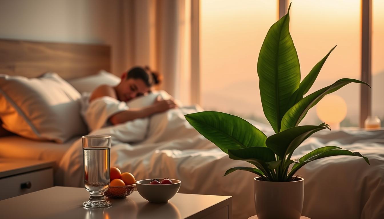 A serene bedroom scene with a sleeping figure nestled under soft, cozy bedding. The room is bathed in warm, diffused lighting, creating a soothing atmosphere. In the foreground, a glass of water and a small bowl of fresh fruit sit on a nightstand, symbolizing the importance of hydration and nourishment during the detoxification process. The middle ground features a large, vibrant plant, its lush foliage gently swaying, representing the natural, rejuvenating elements that aid in the body's cleansing. The background showcases a tranquil, nature-inspired landscape, with a calming, hazy sky and distant mountains, evoking a sense of peace and balance. This image conveys the idea of prioritizing sleep and allowing the body to naturally detoxify and recharge. Prompt