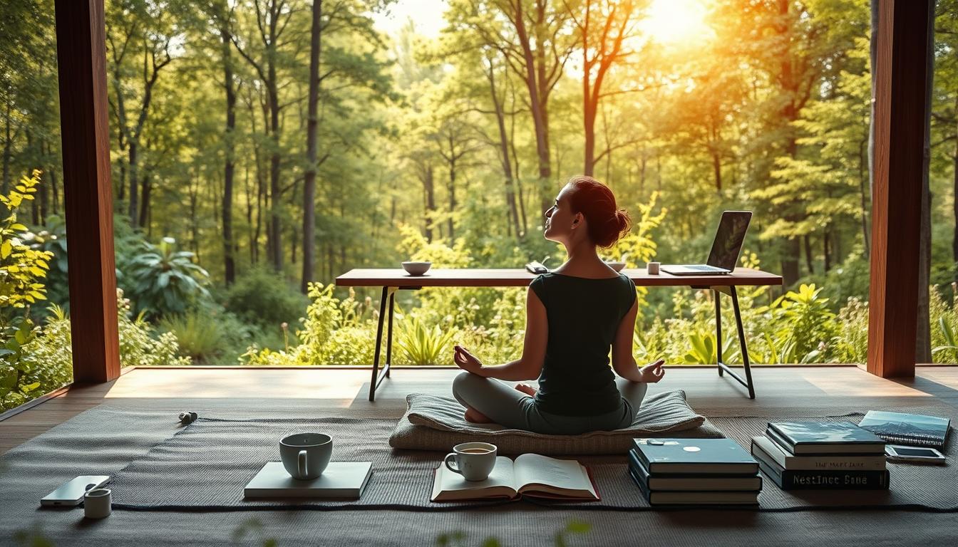 A serene digital detox retreat set in a lush, verdant landscape. In the foreground, a person sits cross-legged on a meditation cushion, eyes closed, immersed in mindful contemplation, surrounded by a minimalist array of tech-free objects - a journal, a cup of herbal tea, and a stack of inspiring books. The middle ground features a sleek, modern workspace with a laptop, phone, and other devices neatly tucked away, signifying a temporary disconnect from the digital realm. In the background, a vibrant, sun-dappled forest provides a tranquil, restorative backdrop, evoking a sense of harmony and well-being. The entire scene exudes a calming, rejuvenating atmosphere, inviting the viewer to embark on their own digital detox journey.