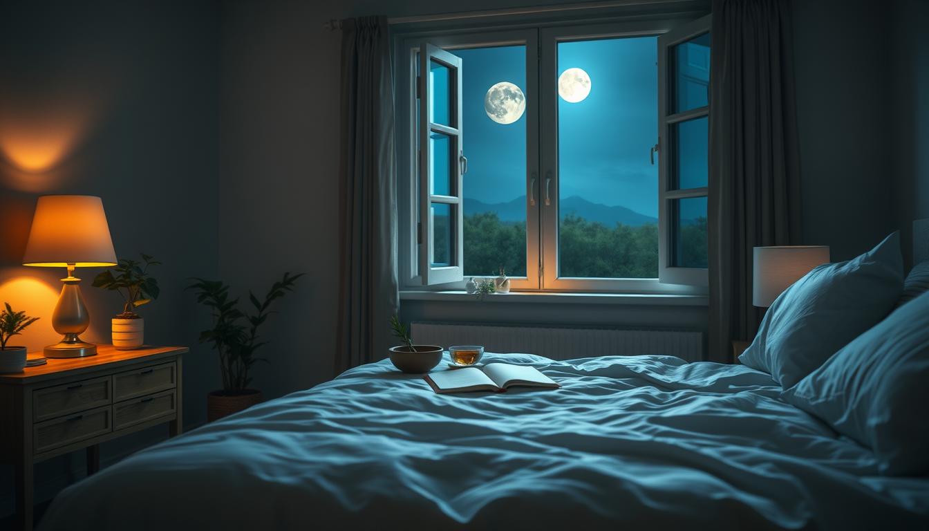 A serene, dimly lit bedroom scene with a comfortable bed in the foreground, showcasing peaceful, holistic sleep management. Soft, warm lighting emanates from a bedside lamp, casting a cozy glow throughout the space. In the middle ground, a collection of soothing, natural elements like a potted plant, a bowl of herbal tea, and a journal sit on a nightstand, symbolizing the mind-body approach to managing cravings. The background features a large, open window, allowing moonlight to filter in and creating a tranquil, meditative atmosphere. The overall scene conveys a sense of balance, rest, and mindfulness, reflecting the critical role of sleep in a holistic approach to curbing cravings. A serene, dimly lit bedroom scene with a comfortable bed in the foreground, showcasing peaceful, holistic sleep management. Soft, warm lighting emanates from a bedside lamp, casting a cozy glow throughout the space. In the middle ground, a collection of soothing, natural elements like a potted plant, a bowl of herbal tea, and a journal sit on a nightstand, symbolizing the mind-body approach to managing cravings. The background features a large, open window, allowing moonlight to filter in and creating a tranquil, meditative atmosphere. The overall scene conveys a sense of balance, rest, and mindfulness, reflecting the critical role of sleep in a holistic approach to curbing cravings.