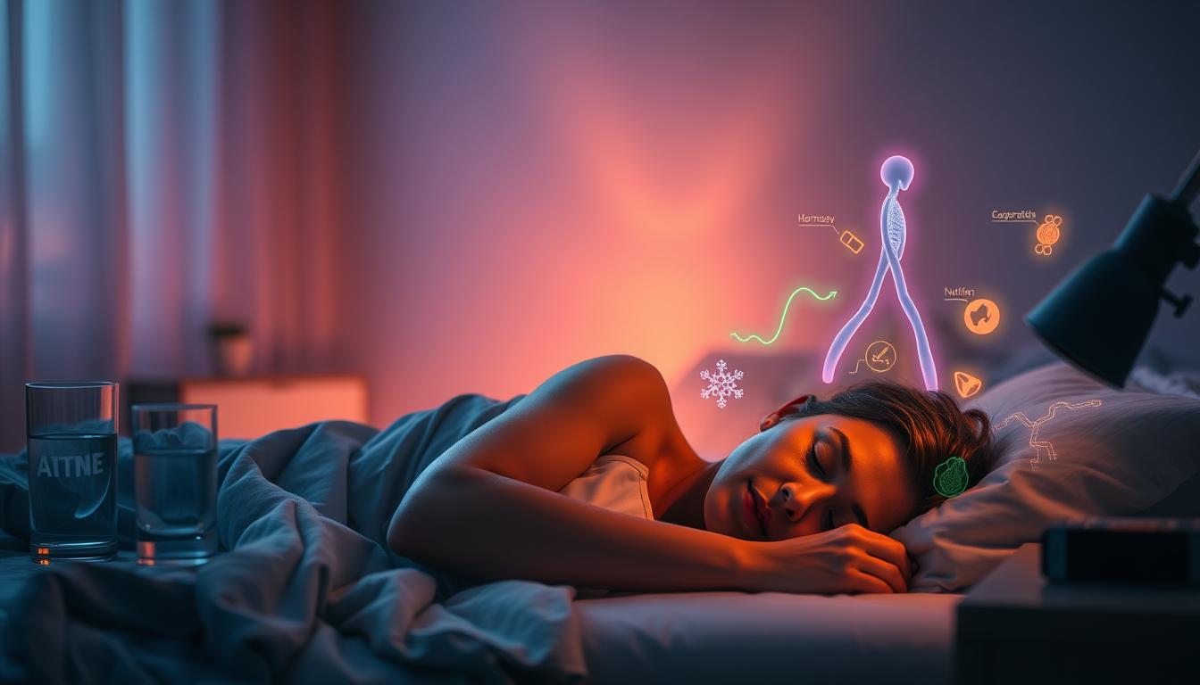 A serene, dimly lit bedroom with soft, warm lighting. In the foreground, a sleeping person rests peacefully, their face relaxed and their breathing steady. Surrounding them, a nightstand with a glass of water and a sleep-tracking device, symbolizing the importance of sleep and metabolic health. In the middle ground, a visual representation of metabolic processes, with colorful, glowing elements representing energy production, hormone regulation, and nutrient utilization. In the background, a hazy, dreamlike landscape with subtle, vibrant hues, conveying the interconnectedness of sleep and overall well-being.
