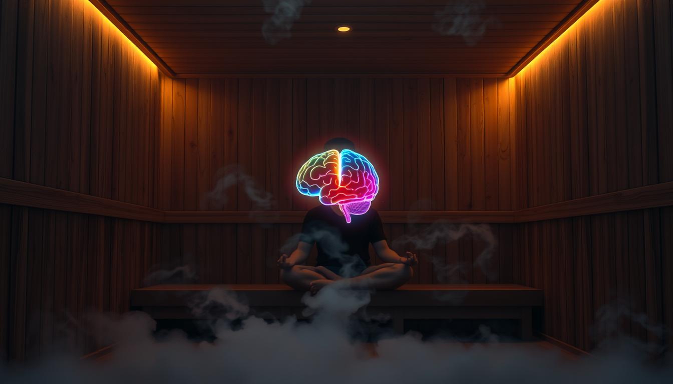 A serene, dimly lit interior scene featuring a person sitting cross-legged on a wooden bench, meditating in a sauna-like environment. The wooden walls and ceiling, lit by soft, warm lighting, create a cozy, tranquil atmosphere. In the foreground, steam gently rises, symbolizing the heat therapy's effects on the brain. The middle ground depicts a vibrant, glowing representation of the brain, highlighting the various benefits of heat therapy, such as increased blood flow, reduced inflammation, and enhanced neuroplasticity. The background showcases a dreamlike, ethereal landscape, further emphasizing the mental and spiritual aspects of the heat therapy experience. The overall scene conveys a sense of relaxation, introspection, and the profound impact of sauna therapy on brain health.