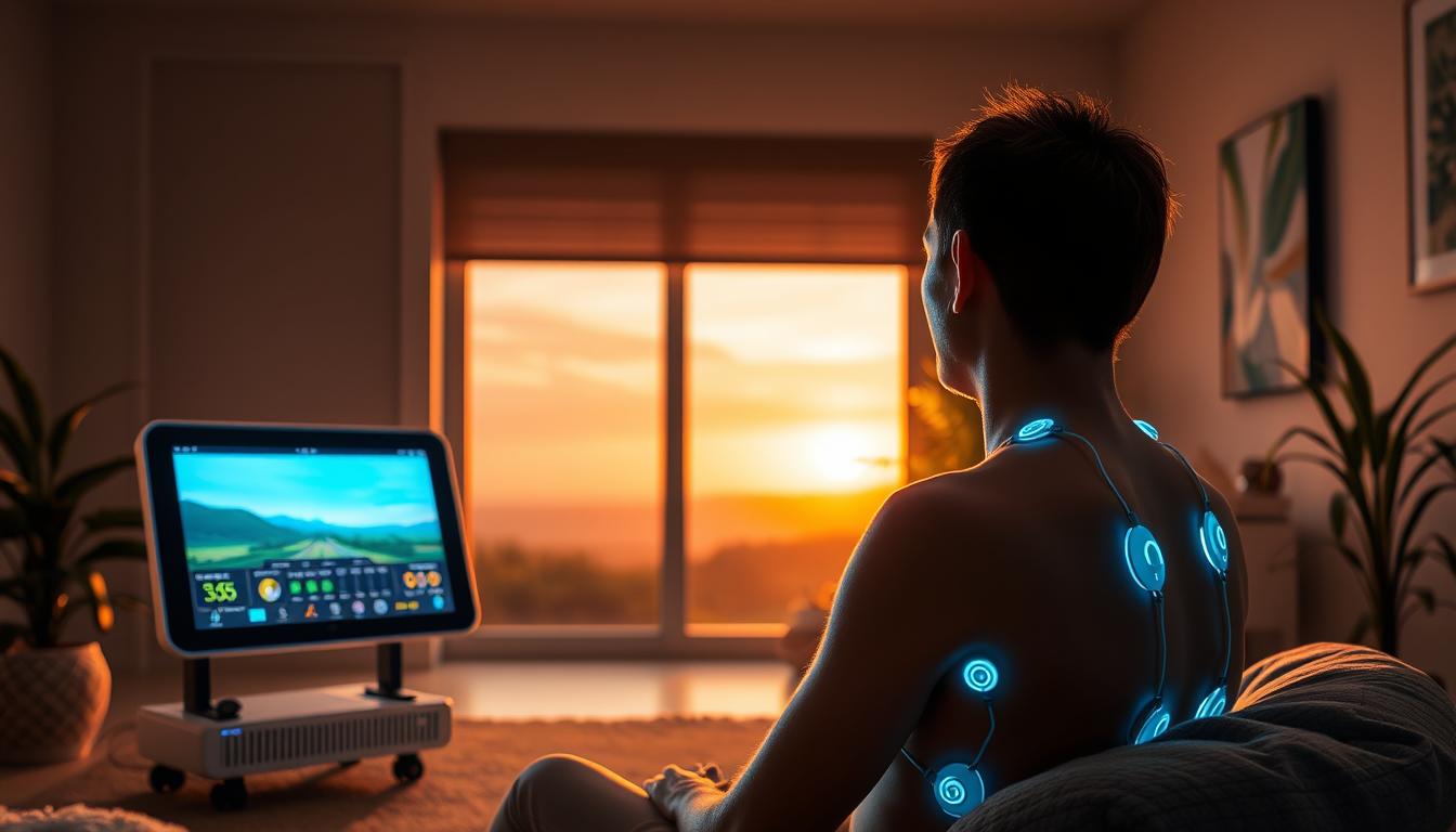 A serene, dimly-lit room with a person sitting comfortably on a cushioned chair, various biofeedback sensors attached to their body. The foreground features a sleek, modern biofeedback device displaying real-time data on a vibrant, high-resolution screen. In the middle ground, a large window overlooking a tranquil, natural landscape, bathed in warm, soft lighting. The background showcases calming, minimalist decor, with plants and soothing artwork, creating a vibrant, yet relaxing atmosphere conducive to effective stress management.