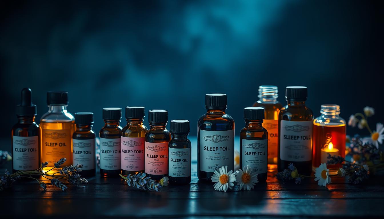A serene, dimly lit scene depicting an assortment of essential oil bottles and vials arranged on a dark wooden surface. The oils are in varying shades of amber, lavender, and blue, their labels showcasing their sleep-inducing properties. Soft, diffused lighting from above casts a warm, vibrant glow across the scene, creating a calming, spa-like atmosphere. The bottles are surrounded by delicate sprigs of lavender, chamomile, and other sleep-promoting botanicals, adding depth and texture to the composition. The focus is on the essential oil blends, highlighting their role in promoting deep, restful sleep.