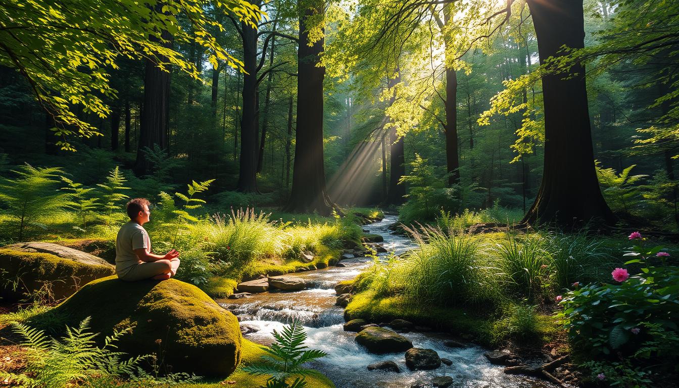 A serene forest glade, dappled sunlight filtering through verdant canopy, casting a warm, natural glow. In the foreground, a person meditating on a moss-covered rock, surrounded by lush ferns and wildflowers. Nearby, a babbling brook winds its way through the scene, its soothing sounds blending with the gentle breeze rustling the leaves. The middle ground features a spectrum of vibrant greens, blues, and earth tones, creating a harmonious, calming atmosphere. In the background, towering trees reach skyward, their branches swaying gracefully. The overall scene evokes a sense of tranquility and the restorative power of nature's embrace.
