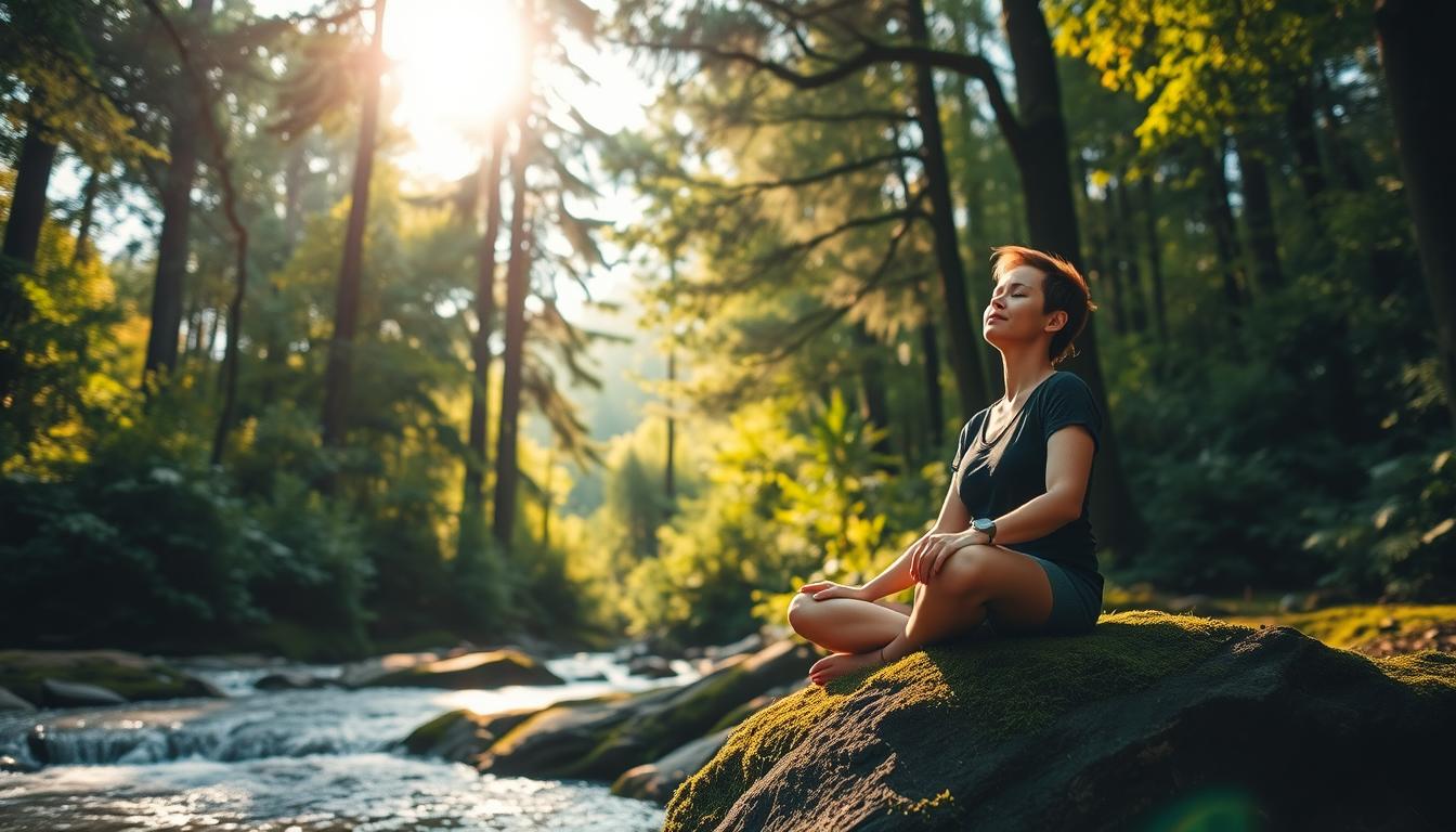 A serene forest glade, sunlight filtering through the lush canopy, casting a warm, golden glow over the tranquil scene. In the foreground, a person sits cross-legged on a mossy rock, eyes closed, deeply immersed in the present moment, their face radiating a sense of peace and calm. The middle ground features a flowing stream, its crystalline waters reflecting the vibrant hues of the surrounding vegetation. In the background, tall, verdant trees sway gently, their branches creating a natural, rhythmic pattern that instills a feeling of grounding and connection to the natural world.
