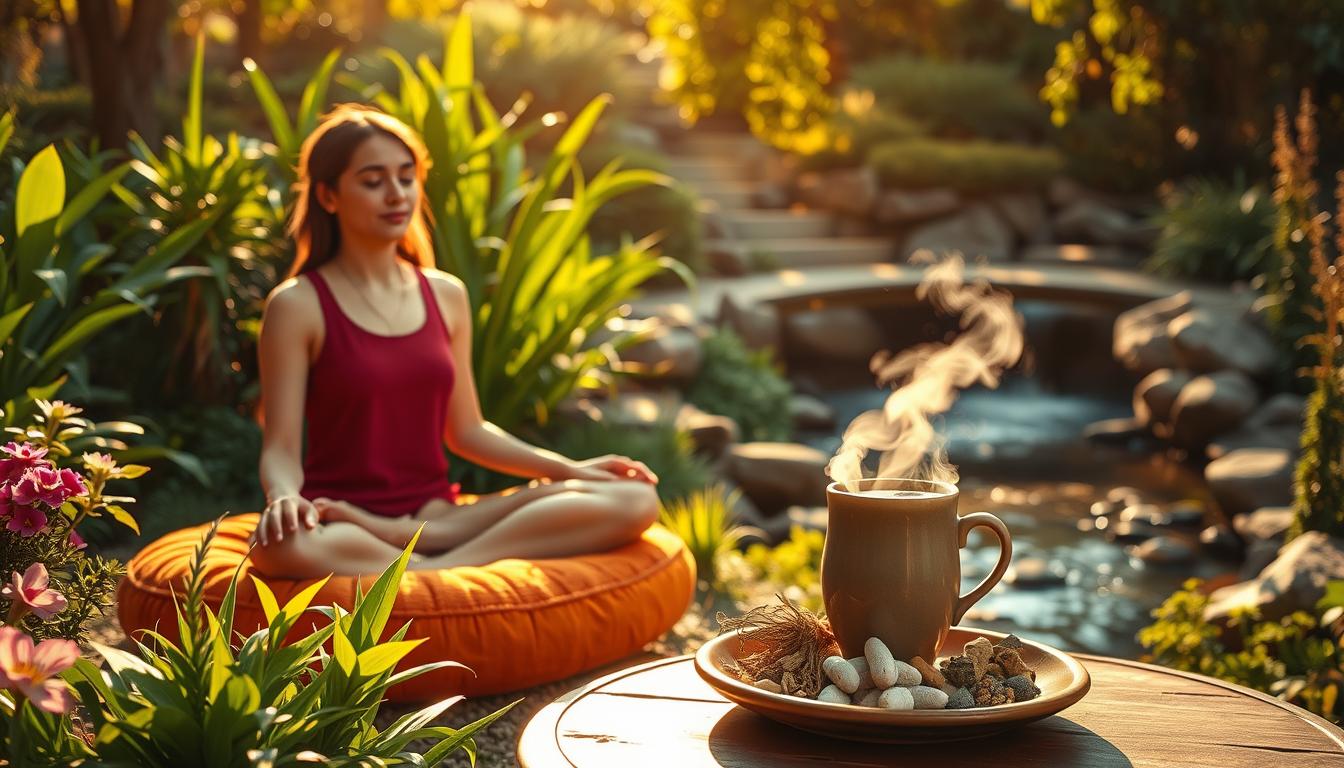 A serene garden oasis, bathed in warm, golden sunlight. In the foreground, a person sits cross-legged on a plush, vibrant meditation cushion, eyes closed in deep contemplation. Lush, verdant plants and flowers surround them, creating a calming, natural ambiance. In the middle ground, a small table holds a steaming cup of herbal tea, along with a bowl of adaptogenic herbs and supplements. The background features a tranquil, flowing stream with a wooden bridge, inviting the viewer to slow down and immerse themselves in the peaceful atmosphere. The overall scene evokes a sense of mindfulness, relaxation, and rejuvenation.