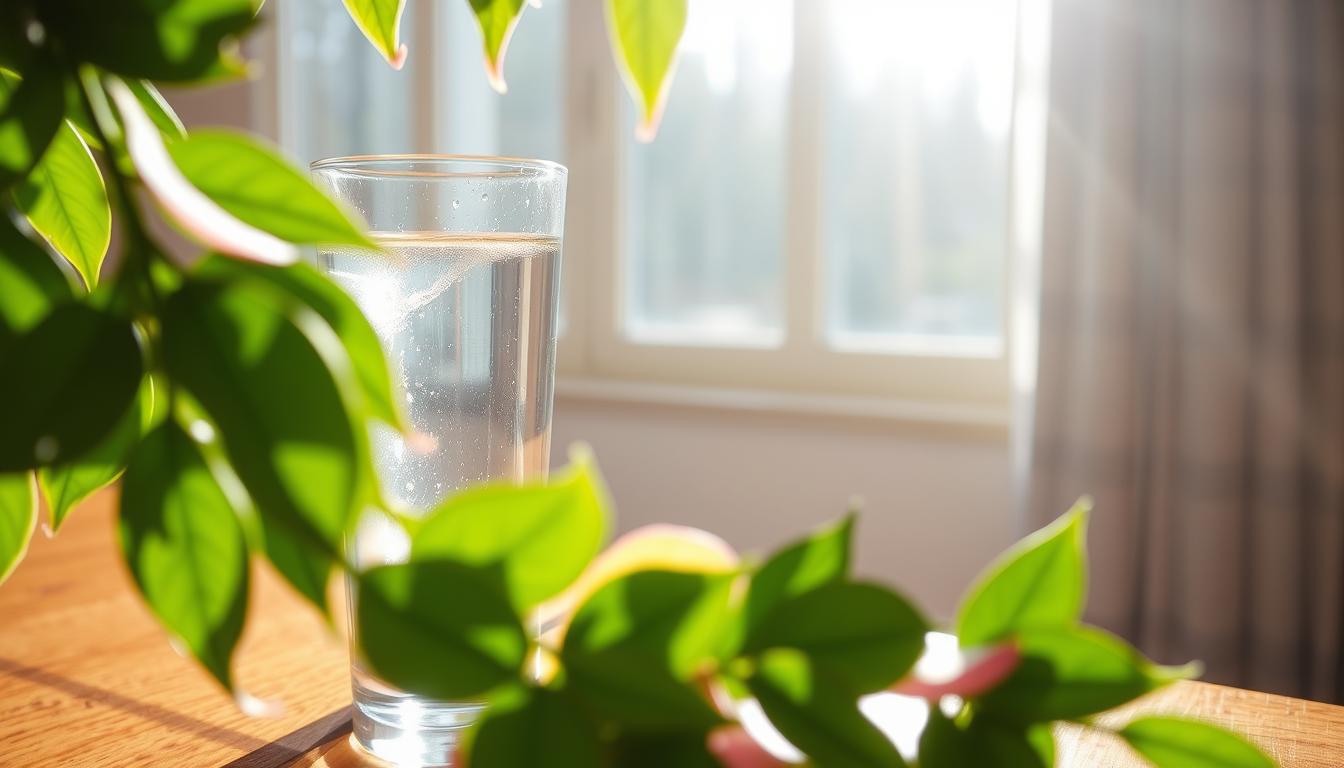 A serene glass of water, its surface gently rippling, rests atop a wooden table. Sunlight filters through a nearby window, casting a warm, vibrant glow on the scene. In the foreground, lush, verdant leaves and petals of a potted plant cascade over the edge, creating a soothing, natural frame. The image conveys a sense of tranquility and mindfulness, hinting at the restorative power of hydration to curb cravings and promote guilt-free indulgence. A serene glass of water, its surface gently rippling, rests atop a wooden table. Sunlight filters through a nearby window, casting a warm, vibrant glow on the scene. In the foreground, lush, verdant leaves and petals of a potted plant cascade over the edge, creating a soothing, natural frame. The image conveys a sense of tranquility and mindfulness, hinting at the restorative power of hydration to curb cravings and promote guilt-free indulgence.