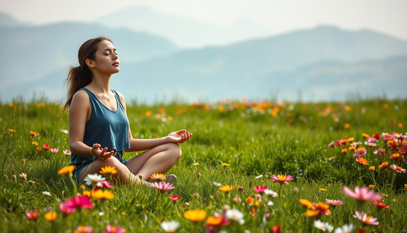 A serene, grounded individual sitting cross-legged on a lush green meadow, with a warm, natural light illuminating their face. Their eyes are closed, conveying a sense of deep meditation and inner focus. Surrounding them, a vibrant array of wildflowers in bloom, their petals gently swaying in a light breeze. The background features a distant, hazy mountain range, creating a peaceful, calming atmosphere. The overall scene exudes a sense of tranquility and mindfulness, perfectly capturing the essence of a craving management grounding technique. A serene, grounded individual sitting cross-legged on a lush green meadow, with a warm, natural light illuminating their face. Their eyes are closed, conveying a sense of deep meditation and inner focus. Surrounding them, a vibrant array of wildflowers in bloom, their petals gently swaying in a light breeze. The background features a distant, hazy mountain range, creating a peaceful, calming atmosphere. The overall scene exudes a sense of tranquility and mindfulness, perfectly capturing the essence of a craving management grounding technique.