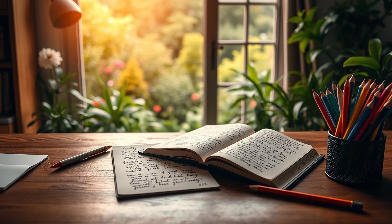 A serene home office with a wooden desk, a journal open to a page filled with handwritten text, and an array of colorful pens and pencils. Soft, warm lighting illuminates the scene, casting a cozy, introspective atmosphere. In the background, a large window overlooks a lush, vibrant garden, symbolizing the flourishing of the mind and spirit through the practice of gratitude journaling. The journal pages appear to capture heartfelt reflections, each word imbued with a sense of profound appreciation and inner peace. This image conveys the transformative benefits of gratitude journaling, a simple habit that can unlock the neuroscience of happiness.