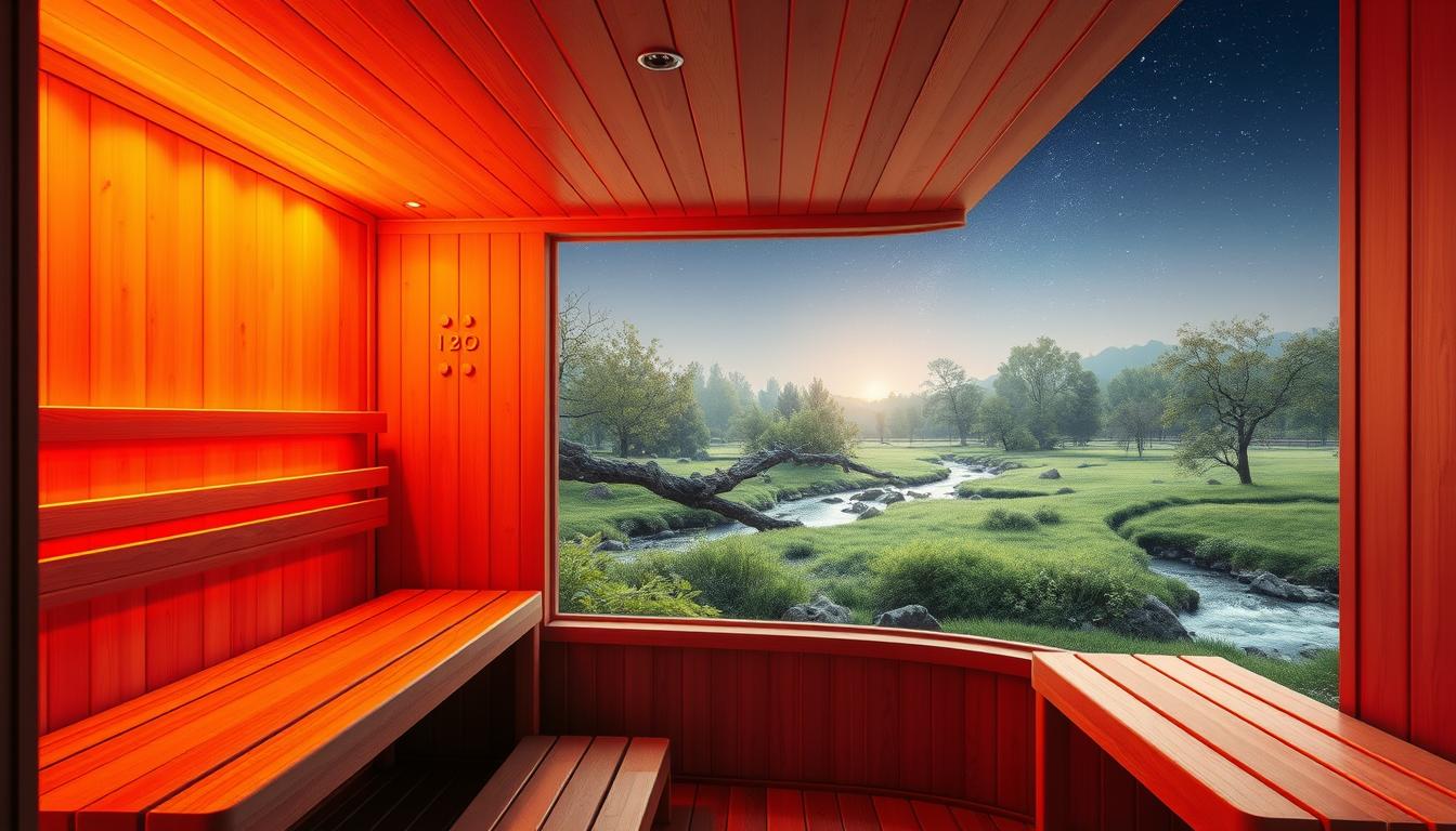 A serene, inviting infrared sauna bathed in a warm, vibrant glow. The foreground features the sauna's sleek, wooden interior, with benches and controls inviting the viewer to step inside. The middle ground showcases the infrared heating panels, their radiant energy pulsing gently. In the background, a panoramic view of a tranquil, natural setting - lush greenery, a babbling brook, and a clear, starry sky. The overall atmosphere exudes a sense of holistic well-being and the rejuvenating power of infrared therapy.