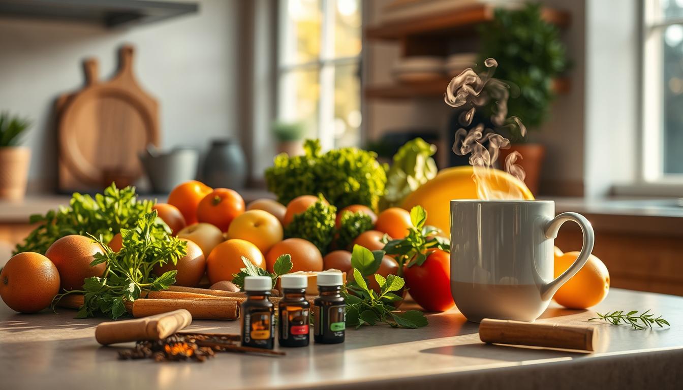 A serene kitchen counter, illuminated by warm, natural light streaming through a nearby window. An assortment of fresh fruits, vegetables, and herbs are artfully arranged, their vibrant colors and textures providing a visual feast. A steaming mug of herbal tea sits alongside, emitting a soothing aroma. In the foreground, a handful of spices and essential oils stand ready, suggesting natural remedies to curb cravings. The overall scene conveys a sense of balance, simplicity, and the power of nature to nourish both body and mind.