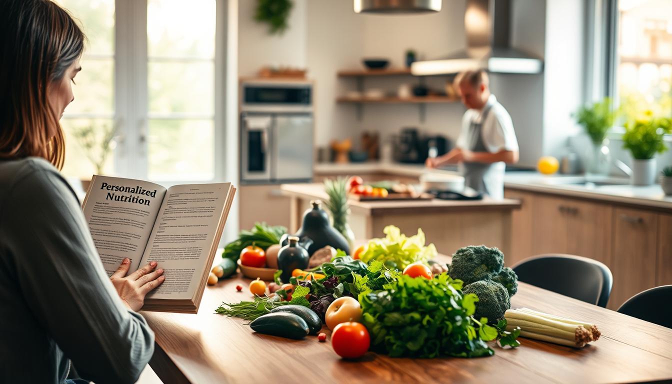 A serene kitchen scene, flooded with warm, natural light from large windows. In the foreground, a person sits at a wooden table, engrossed in a book about personalized nutrition. On the table, an array of fresh, colorful ingredients - leafy greens, vibrant vegetables, and fragrant herbs. In the middle ground, a chef gracefully prepares a nourishing meal, tailored to the individual's dietary needs and health conditions. The background showcases a modern, well-equipped kitchen, with sleek appliances and minimalist decor, creating a calming, wellness-focused atmosphere. The lighting is soft and diffused, accentuating the vibrant hues of the produce and the tranquil mood of the scene.