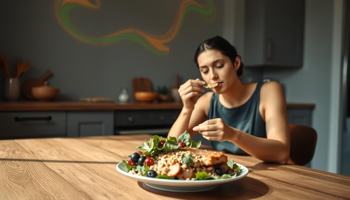 A serene kitchen scene with a mindful woman enjoying a healthy meal. In the foreground, a plate of fresh salad, whole grains, and lean protein, bathed in soft, natural lighting. The woman, sitting at a wooden table, exudes calmness as she focuses on each bite, savoring the flavors. Muted tones of gray, green, and brown create a soothing atmosphere, while vibrant swirling colors in the background suggest the transformative nature of mindful eating for weight loss. The overall composition encourages a sense of balance, harmony, and a deep connection between the individual and their nourishment.